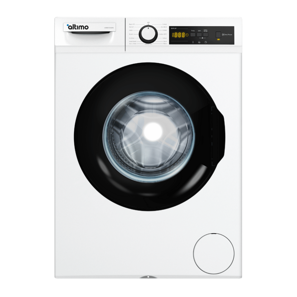 Altimo AWM1014W 10kg 1400rpm Washing Machine – White, front-loading with LED display, digital drive motor, and 15 wash programs.