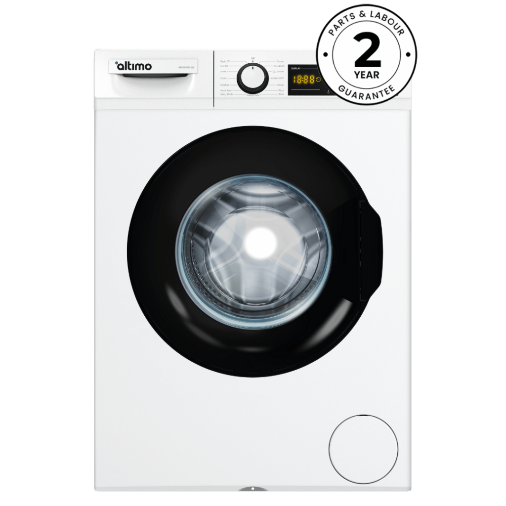 Altimo AWM1014W 10kg 1400rpm Washing Machine – White, front-loading with LED display, digital drive motor, and 15 wash programs.