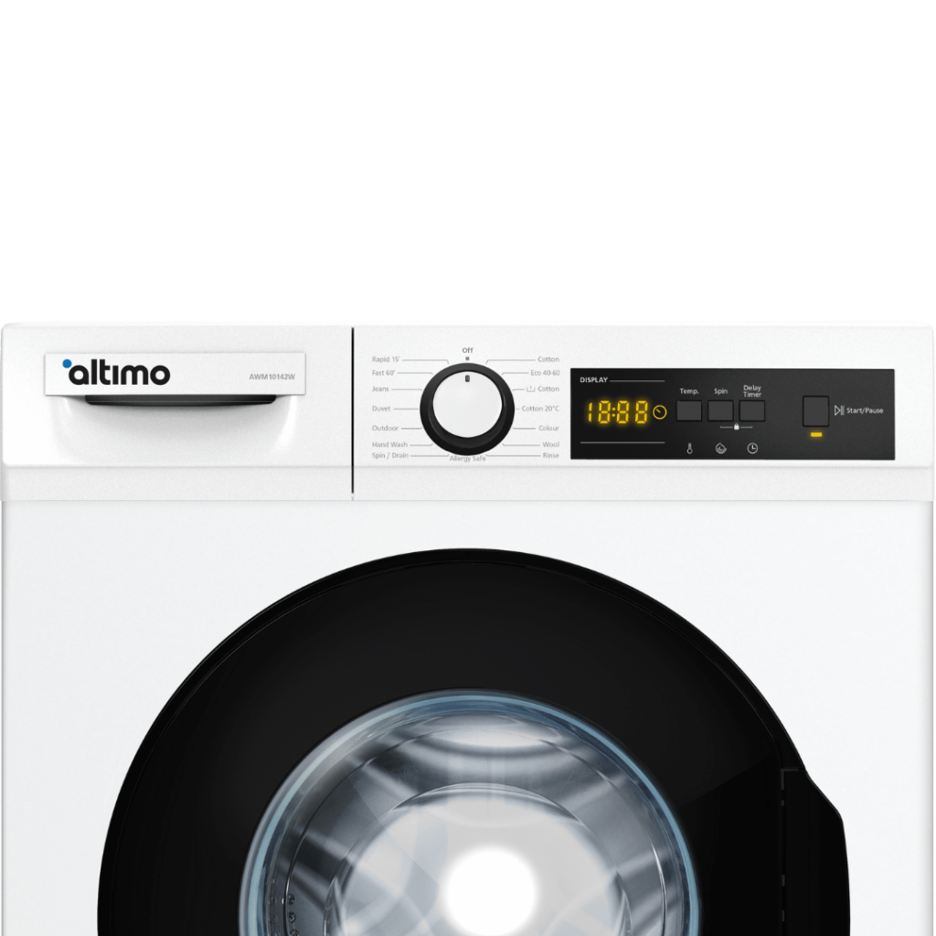 Altimo AWM1014W 10kg 1400rpm Washing Machine – White, front-loading with LED display, digital drive motor, and 15 wash programs.