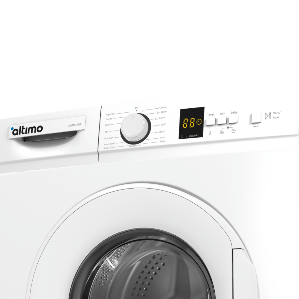 Altimo AWM6122W 6kg 1200rpm Washing Machine – White, front-loading with LED display and 15 wash programs.